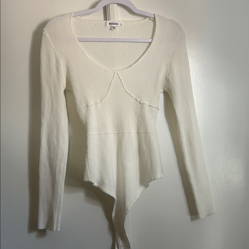 Missguided Cream Ribbed Bodysuit - Picture 3 of 5